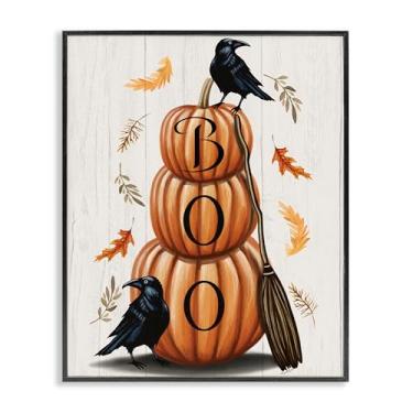 Imagem de Stupell Industries Arte giclée emoldurada preta Boo Crows & Pumpkins, design por Elizabeth Tyndall, 61 x 76 cm