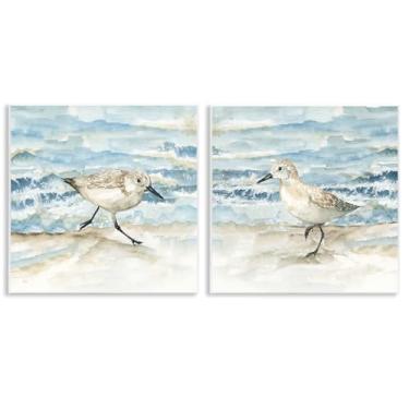 Imagem de Stupell Industries Sandpipers Treading Beach Shore Conjunto de arte de placa de parede de 2 peças, design por Nan, 12 x 12