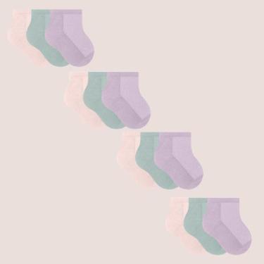 Imagem de Kit 12 Pares De Meias Selene Infantil Cano Curto Algodão, Salmão, Lilá