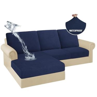 Imagem de HDCAXKJ Capas de almofada 100% à prova d 'água, 6 peças, capa seccional em forma de L, conjunto de capas elásticas para sofá e cadeira, jacquard (azul marinho, 2 lugares + 3 encostos + 1