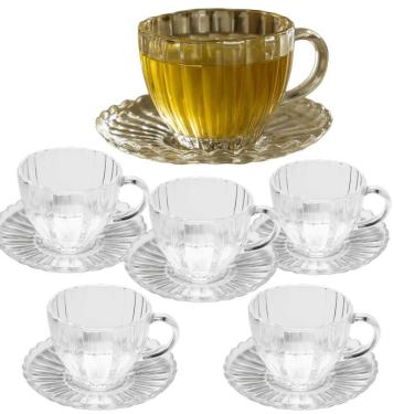 Imagem de Conjunto de Xícaras para Chá Pétala com Pires em Vidro Transparente 200ml - 12 Peças