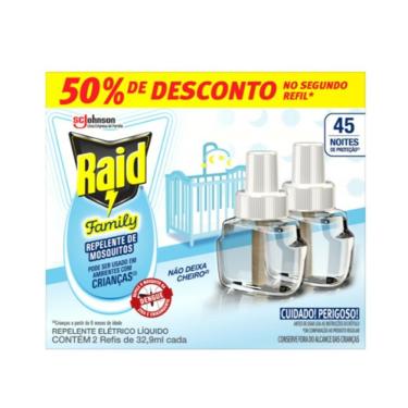 Imagem de Repelente Elétrico Líquido Raid Family 45 Noites 2 Refis de 32,9ml Cada