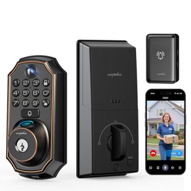 Imagem de Fechadura de entrada sem chave – Trava inteligente de vídeo WiFi com câmera, 5 em 1 (câmera + campainha + impressão digital + teclado), controle de aplicativo, áudio bidirecional, impermeável, fácil