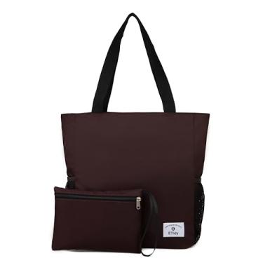 Imagem de ETidy Bolsa feminina dobrável de grande capacidade com zíper, impermeável, à prova de areia, bolsa de praia, bolsa de ginástica, bolsa de compras de viagem, Café, Large, Uso diário casual