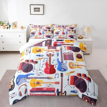 Imagem de Manfei Jogo de cama Queen, conjunto de edredom de violão, bateria, piano, 3 peças, instrumento musical para todas as estações, decoração de quarto de crianças e meninas, enchimento de edredom leve, 2