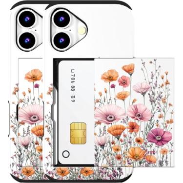 Imagem de MUQR Capa compatível com iPhone 16 com suporte de cartão fofo - Design Kawaii, proteção contra quedas de nível militar, capa carteira robusta para mulheres (campos de flores brancas e rosa)