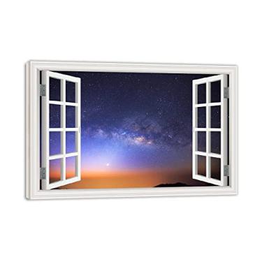 Imagem de Impressão em tela emoldurada de madeira para janela céu estrelado 3D falsa janela vista paisagem pintura natureza imagem impressão em tela arte de parede para sala de estar 60 x 90 cm 23,6 x 88,9 cm