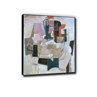 Imagem de Pintura abstrata "Tigela de frutas, violino e garrafa" de Picasso Famosa impressão de arte de parede em tela pronta para pendurar quadros de parede modernos para sala de estar 30 x 39 cm moldura preta