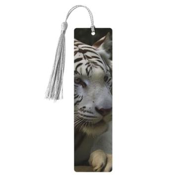 Imagem de Marcadores de livro de madeira para homens e mulheres, ornamentos feitos à mão com borlas, marcadores de livro de madeira, branco, tigre de bengala, etiquetas de pendurar de madeira, marcadores de