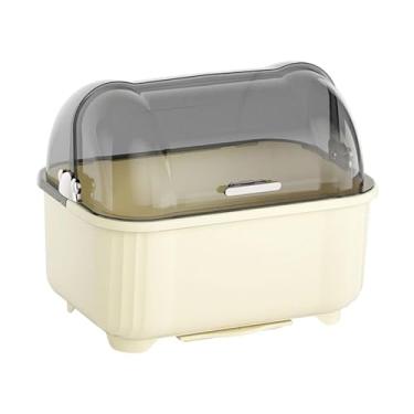 Imagem de Ｂｅｓｇａ Escorredor de pratos, caixa de armazenamento de utensílios para balcão de cozinha, suporte de armazenamento de utensílios de mesa domésticos com tampa, Leite Branco