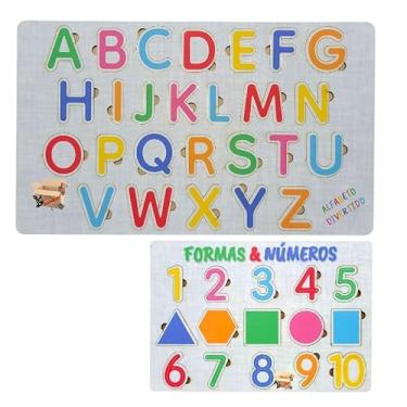 Imagem de Brinquedo Pedagógico Educativo Em Madeira Jogo Alfabeto - Números E Formas De Encaixe (Kit Alfb + Números A)