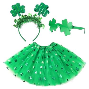 Imagem de Lainlight Tutus Adultos Para Mulheres, Conjunto De Saia Tutu Tule Com 4 Camadas, Óculos Sol Em Formato Coração E Faixa Cabeça Laço, Lembrancinhas Coloridas Festa (Trevo)