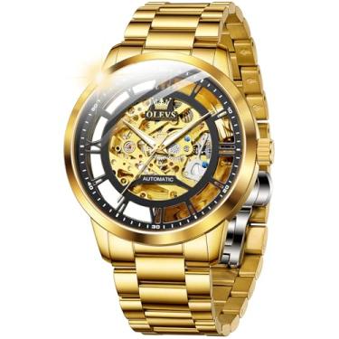 Imagem de OLEVS Relógio masculino automático esqueleto diamante luxuoso mecânico automático relógio de pulso à prova d'água luminoso, G6728: Pulseira dourada e mostrador preto