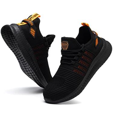 Imagem de Kezhiho Tênis de trabalho masculino com bico de aço, leve, confortável, antiderrapante, resistente a perfurações, respirável, indestrutível, construção industrial, D00702 Preto Laranja, 39