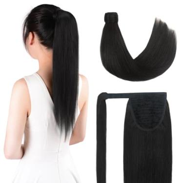 Imagem de Rabo de cavalo de cabelo humano de 45,72 cm 80 g longo em torno de rabo de cavalo preto azeviche extensão de rabo de cavalo para mulheres (45,7 cm, preto (Jet Black)