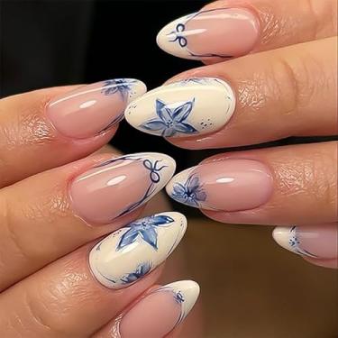 Imagem de Mivota French Press On Nails Short Amêndoa, base nude com pontas francesas bege e design de pétala floral azul, acabamento em gel brilhante, 24 peças, kit de unhas postiças acrílicas reutilizáveis