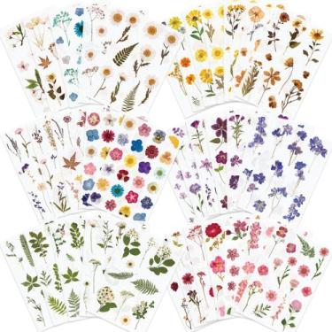 Imagem de Adesivos Knaid prensados com tema de flores, 486 peças, 36 folhas