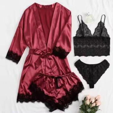 Imagem de Conjunto lingerie erótica - Robe satin, kimono, 4 peças - Master
