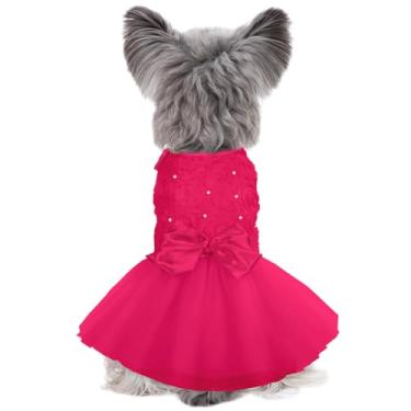 Imagem de Kuoser Vestidos de casamento para animais de estimação, adoráveis camisetas tutu para cães pequenos e médios, roupas de princesa branca com laço de pérola de renda luxuosa, fantasias retrô para