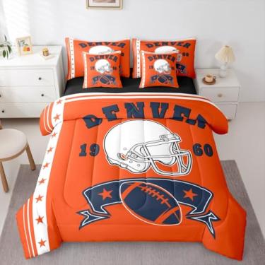 Imagem de Erosebridal Conjunto de edredom solteiro com capacete de futebol americano, 7 peças, azul marinho e laranja + lençol de cima + lençol com elástico + 2 fronhas + 2 fronhas (Denver)