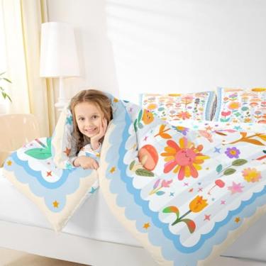 Imagem de Manfei Jogo de cama com flores fofas, kawaii, estilo azul, para decoração de quarto de adolescentes, com 1 fronha para todas as estações, solteiro