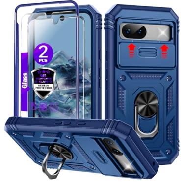 Imagem de Capa para Google Pixel 8A com capa deslizante para câmera, 2 películas de vidro temperado, suporte de anel giratório de 360°, capa protetora de grau militar para Google Pixel 8A 6,1 polegadas - azul