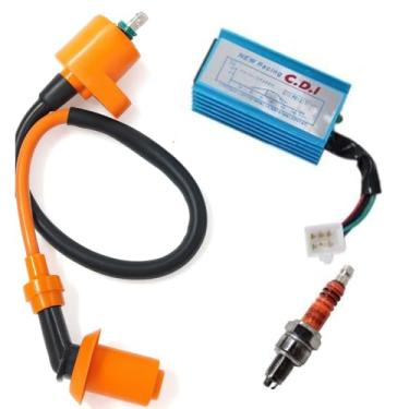 Imagem de Bobina de ignição de corrida 5 pinos CA/CI caixa para GY6 4 tempos 50 cc 70 cc 90 cc 110 cc 125 cc 150 cc Scooter ATV Go Kart Moped Quad Pit Dirt Bike com 3 plugues de ignição de eletrodo