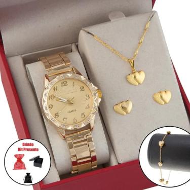 Imagem de 2X Kit Colar Pulseira E Brincos + Relógio Feminino