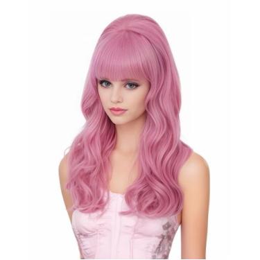 Imagem de Peruca Rugelyss, longa, ondulada, rosa com franja para mulheres dos an