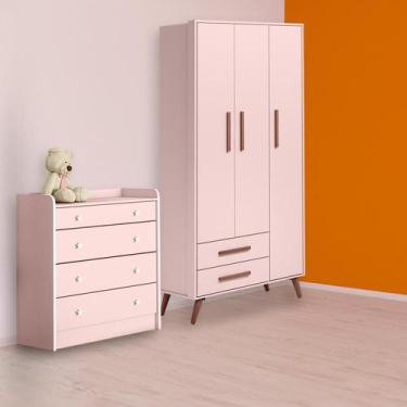 Imagem de Quarto Infantil Guarda Roupa Retro e Cômoda Trocador Rosa - Qmovi
