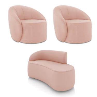 Imagem de Sofá 2 Lugares Orgânico 140cm Morgan e 2 Poltronas Lua Veludo Rose D03 - D'Rossi