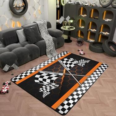 Imagem de Tapete geométrico laranja para meninos de corrida 1,5 x 1,8 m, tapete geométrico laranja para decoração de cama, sala de estar, quintal, sofá, 3D, quadriculado, preto, branco, para crianças, meninos
