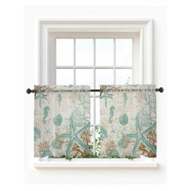 Imagem de Cortinas transparentes Aqua Coastal Starfish para quarto, sala de estar, janela, 60 cm de comprimento, fazenda, cavalo-marinho náutico, coral, bolso de varão, cortinas de voile, cortinas de cozinha