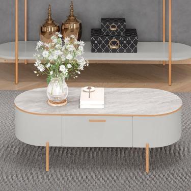 Imagem de Mesa de Centro Decorativa Bento 1 Gaveta Pés Metálicos Dourados Fendi/Quartzo G18 - Gran Belo