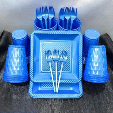 Imagem de Conjunto de luxo descartável para festas de aniversário com 260 peças Pratos quadrados de plástico colorido com efeito perolado Cores doces (Azul Perolado)