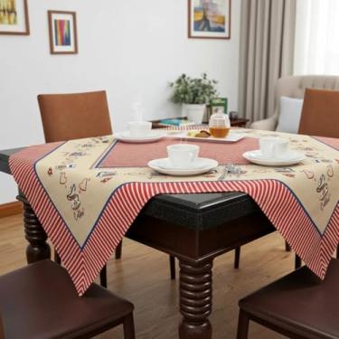 Imagem de Toalha de Mesa Quadrada Decorativa, Estampa Café e Listras, Bege e Vermelho, 100x100cm, Estilo Vintage com Corações e Xícaras