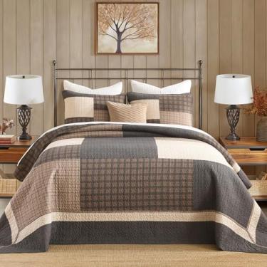 Imagem de Finlonte Colcha King extragrande 100% algodão, conjunto de colcha extra larga, 128 x 120, edredom acolchoado xadrez de fazenda, conjunto de cama leve e macio, 3 peças, marrom/bege/cinza