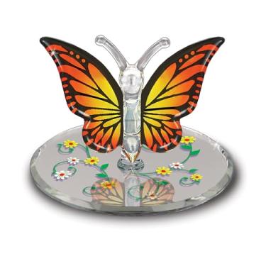 Imagem de Glass Baron Estatueta de vidro de borboleta monarca, soprada à mão e esculpida com base espelhada chanfrada pintada à mão, ornamento colecionável para mesa de decoração de casa