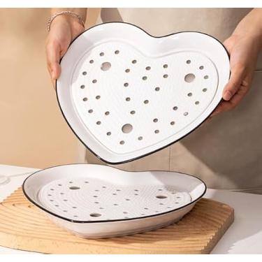 Imagem de Prato de cerâmica em forma de coração branco com bordas pretas de 25,4 cm, integrado de camada dupla, adequado para guardar bolinhos, frutas e legumes e sashimi.