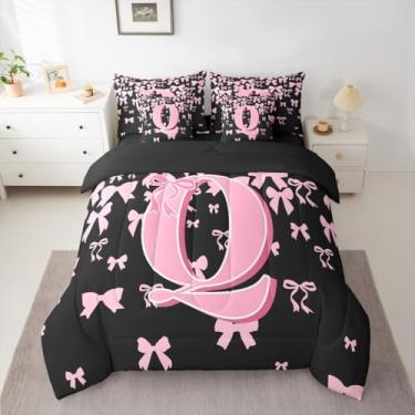 Imagem de jejeloiu Conjunto de edredom com laço fofo, 7 peças, solteiro, rosa, com laço e laço em uma bolsa, para crianças, meninos, meninas, preto e rosa, conjunto de cama monograma, respirável, macio