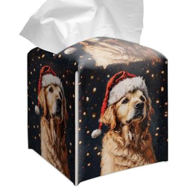 Imagem de Grace Yonks Capa quadrada de caixa de lenços de Natal, Golden Retriever, capa de cubo de chapéu de Papai Noel para lenços faciais, couro PU de 13 cm (051)