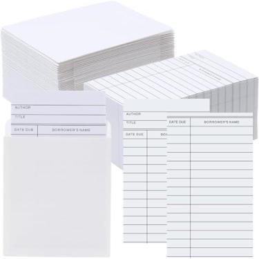 Imagem de 100 bolsos para cartão de biblioteca e cartões de data de vencimento incluem 50 envelopes autoadesivos de bolso de biblioteca e 50 cartões de check-out de biblioteca, material escolar e biblioteca