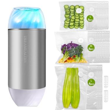 Imagem de Seladora a vácuo portátil automática para alimentos – seladora a vácuo compacta com 20 sacos de válvula de ar reutilizáveis livres de BPA, 8 pequenos, 8 médios, 4 extralongos), seladora portátil com
