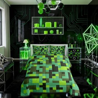 Imagem de Jogo de cama solteiro Pixel Grid Miners, estampa geométrica, patchwork, videogame, videogame, para meninos e adolescentes, verde ciano, decoração de quarto todas as estações, 1 fronha