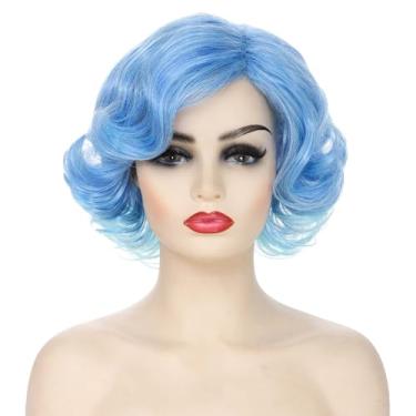 Imagem de Parceria Peruca Curta Com Ombré Azul, Cacheada Natural Ondulada Para Mulheres, Perucas De Cabelo Sintético Resistentes Ao Calor, Festa Cosplay Realista, Eventos Fantasias Coloridas Ou Uso Diário