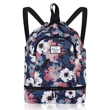 Imagem de KAMO Mochila com cordão – Mochila esportiva para natação e ioga com compartimento para sapato, dois suportes para garrafa de água para homens e mulheres, mochila com cordão grande para viagens escolares, Vintage flowers, One Size