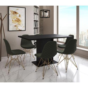 Imagem de Mesa Jantar Londres Retangular Preta 137X90Cm 6 Cadeiras Estofadas Verde Base Dourado