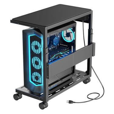 Imagem de Aquzee Suporte de torre de computador, suporte de PC ajustável sobre rodas para carpete de chão, estojo de metal resistente para computador com régua de alimentação, suporte de PC sob a mesa para