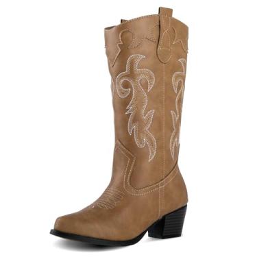 Imagem de Canyon Trails Botas femininas de rodeio – Botas clássicas ocidentais para mulheres e adolescentes, preta, cano médio, couro sintético, palmilha de espuma viscoelástica, botas caubói, Bronzeado, 37
