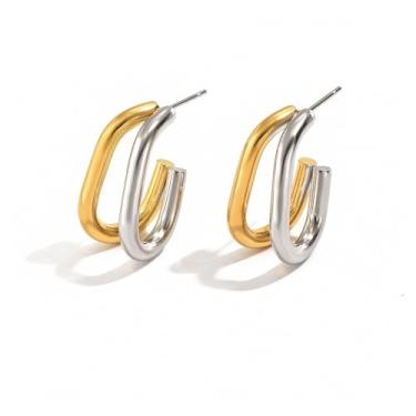 Imagem de Brincos grossos de ouro e prata para mulheres, brincos de argola de dois tons de metal misto geométrico, brincos de argola para mulheres, joias modernas, Small, Aço inoxidável, Sem pedra preciosa